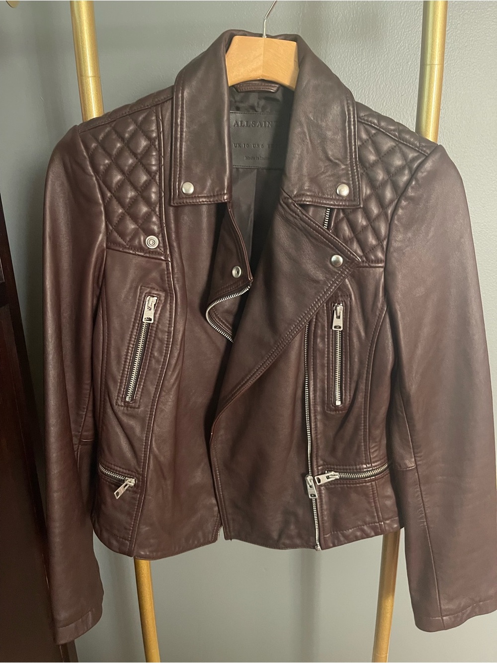 All Saints Women's Quilted Leather Moto Jacket in Burgundy